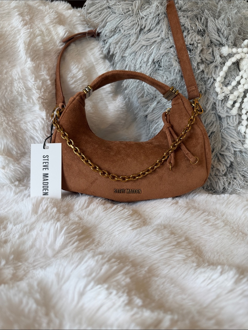 NWT Steve Madden Brown faux Suede Shoulder Bag with Gold Chain